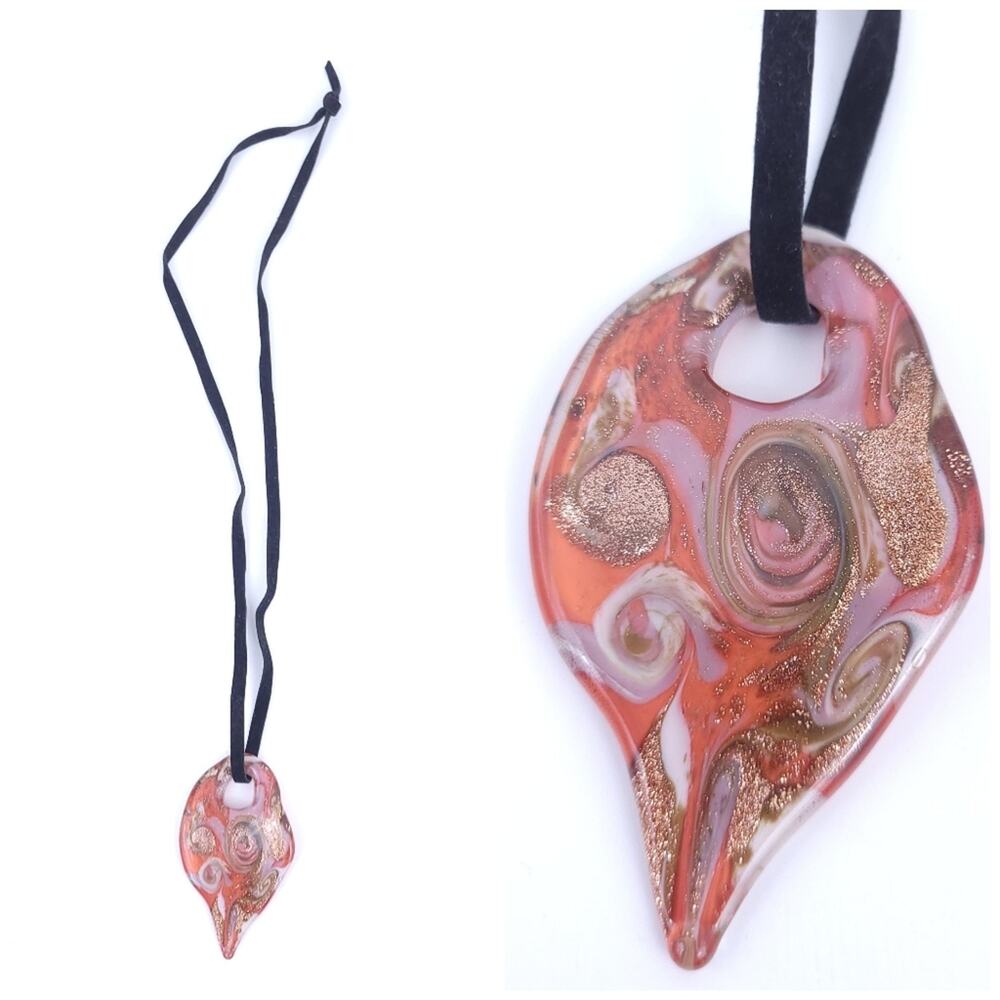 Glass Pendant with Orange and Bronze Swirls with White, Black Velvet